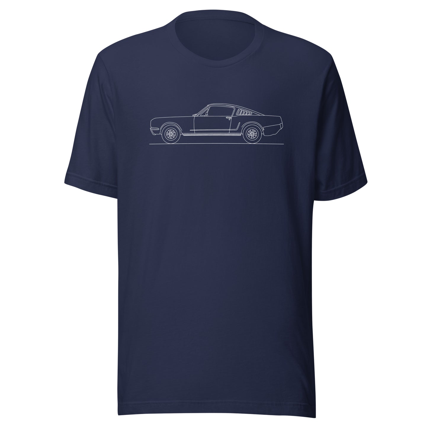 Unisex staple t-shirt in navy featuring Mustang design.
