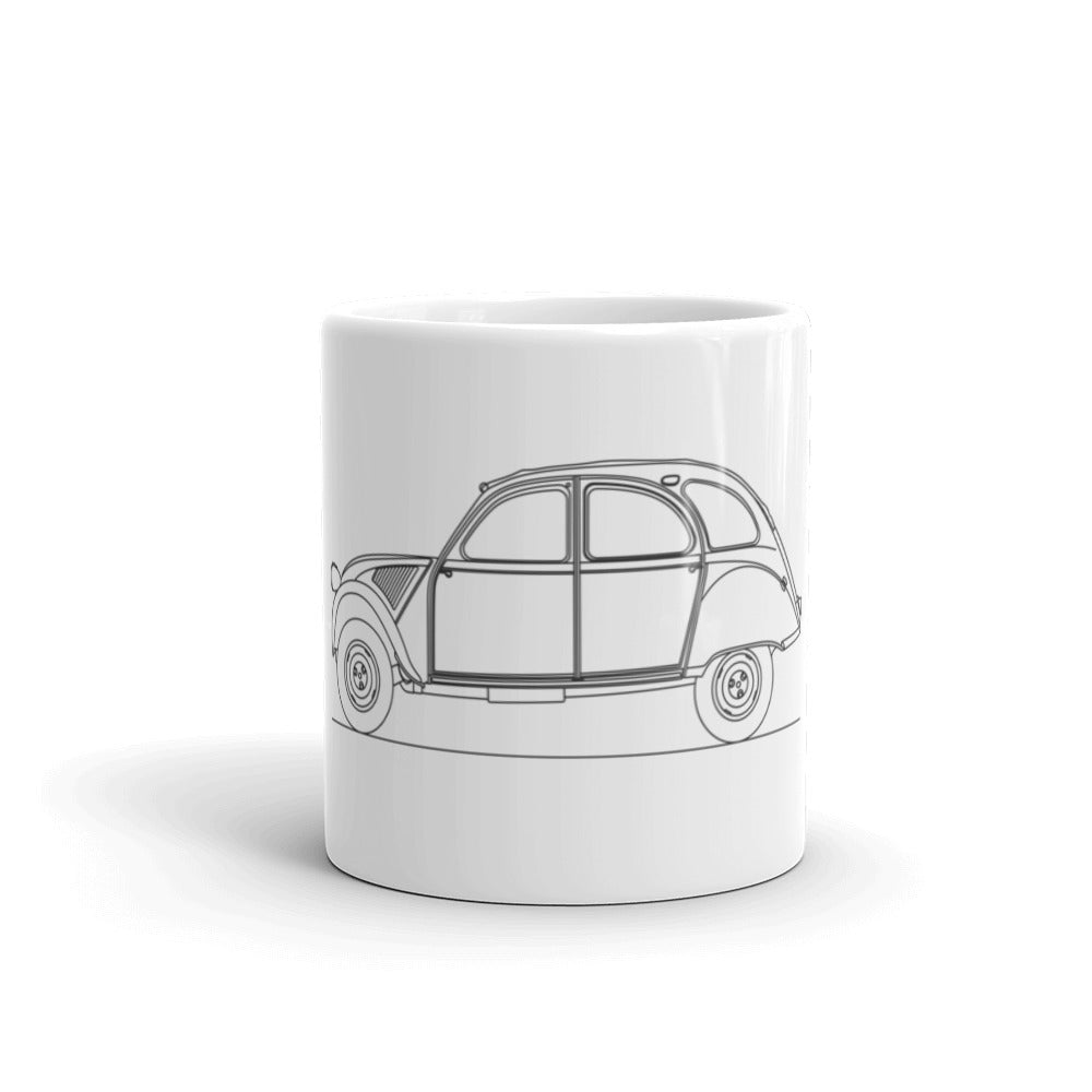 Ceramic Citroen 2CV mug on display.