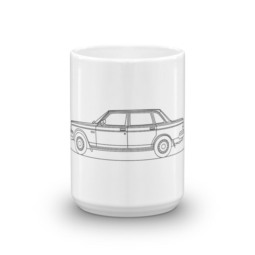 Volvo 240 sedan mug on display.
