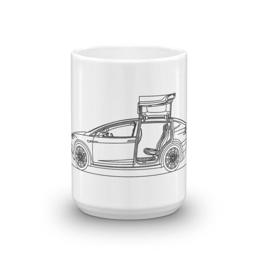 Tesla Model X doors up mug design.