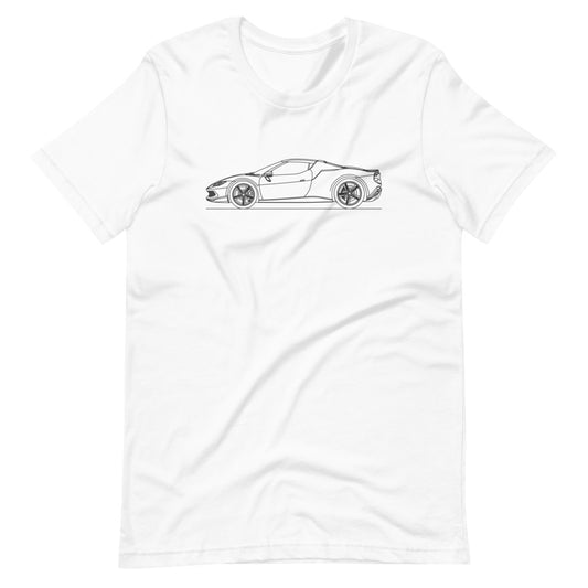 White Ferrari 296 GTB t-shirt displayed front.