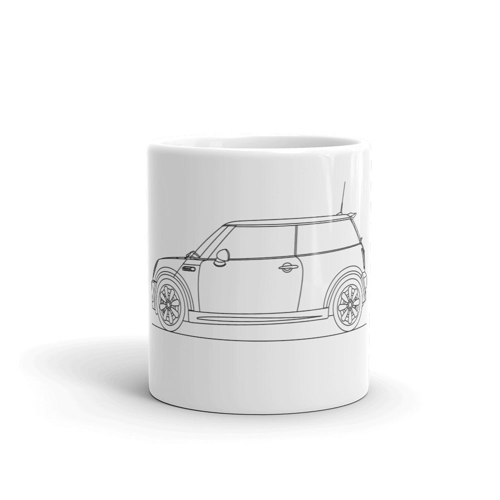 White glossy mug with Mini Cooper design