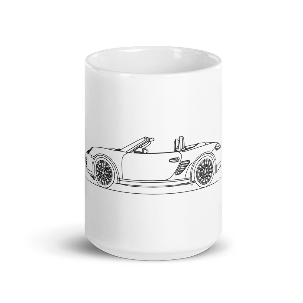 Glossy white mug featuring Porsche Boxster design