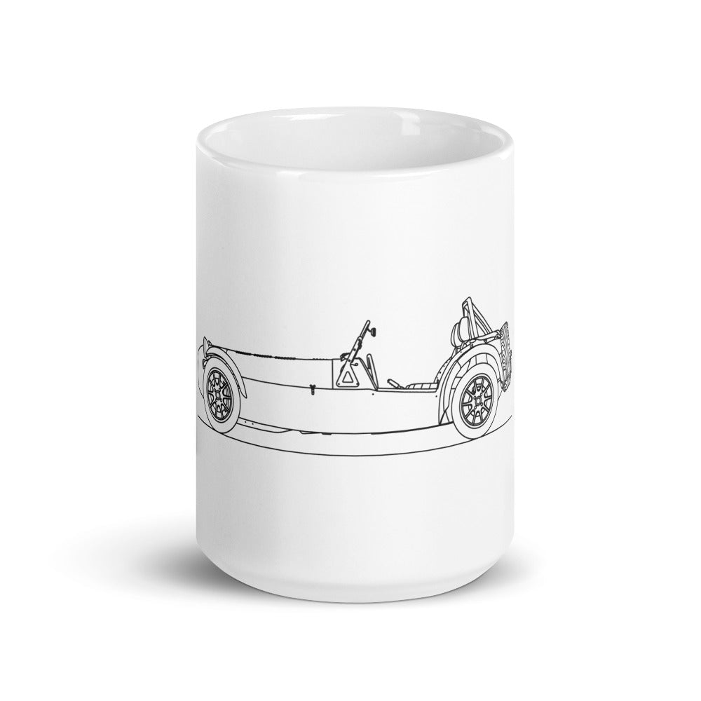 White glossy mug designed for Caterham Seven enthusiasts