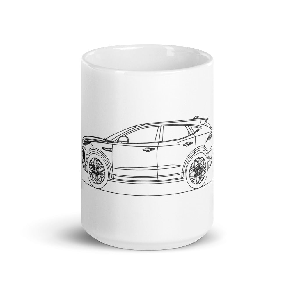 White glossy mug featuring jaguar E-Pace design