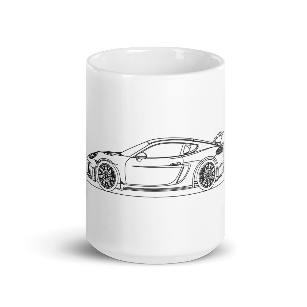 White glossy mug featuring Porsche 718 GT4 RS design