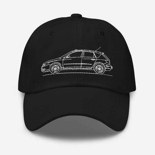 Black dad hat featuring Mazda 3 2008 hatchback silhouette
