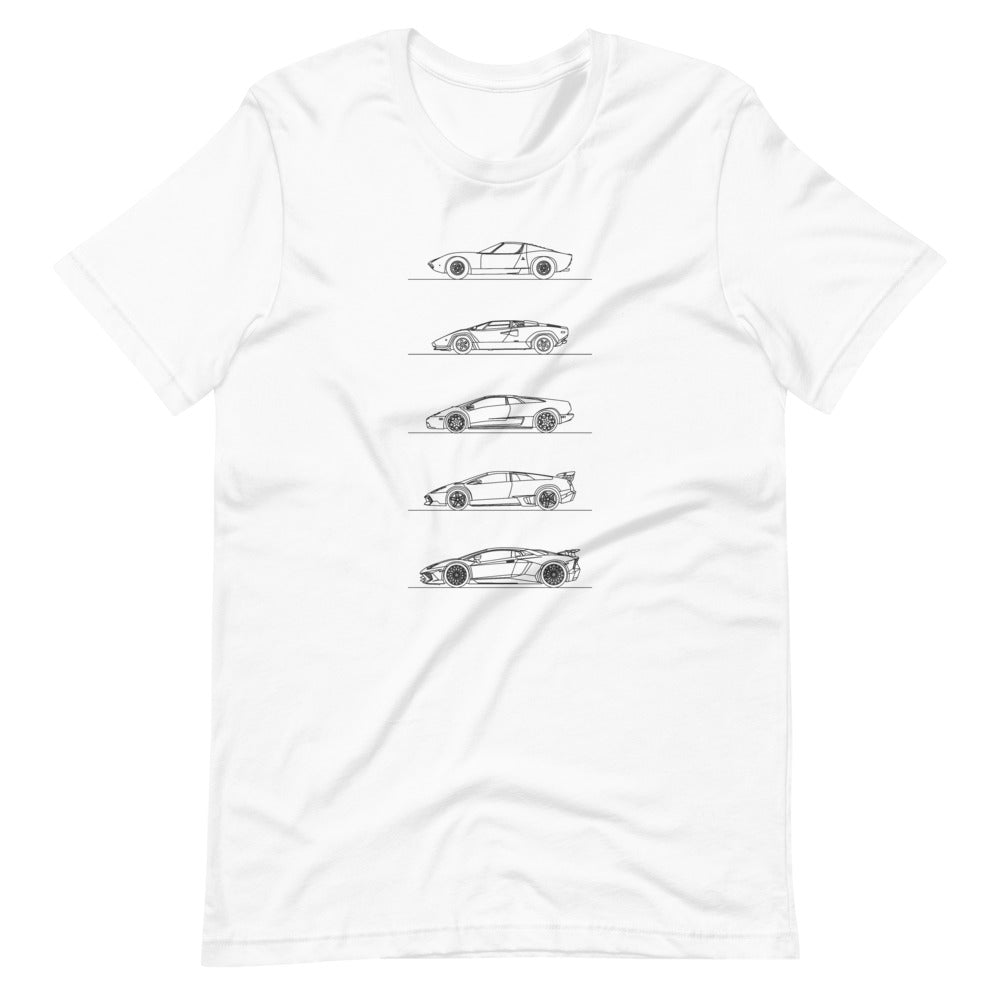 Lamborghini V12 Evolution t-shirt on display.