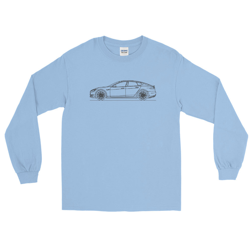 Tesla Model S long sleeve shirt displayed.