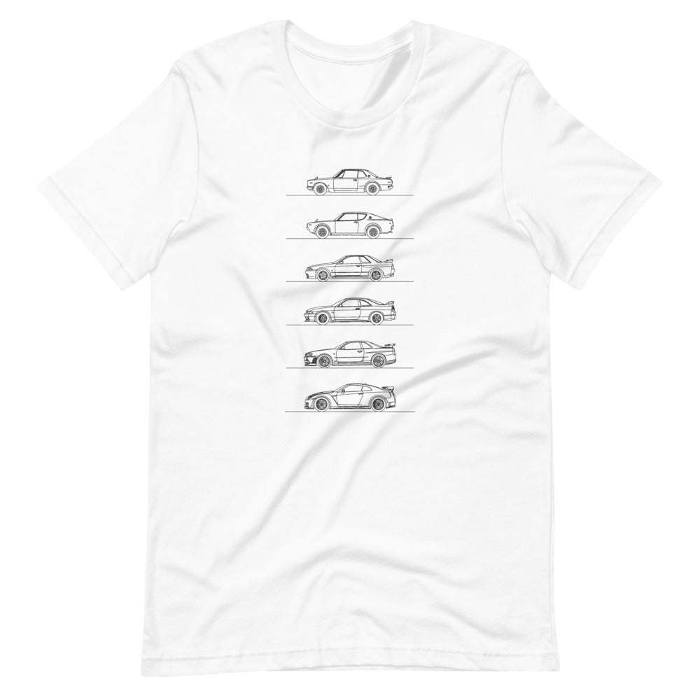 Nissan GT-R Evolution T-shirt displayed on plain background
