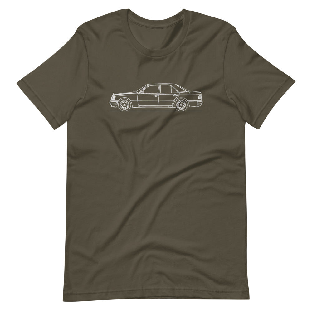 Mercedes-Benz 500 E W124 t-shirt design displayed.