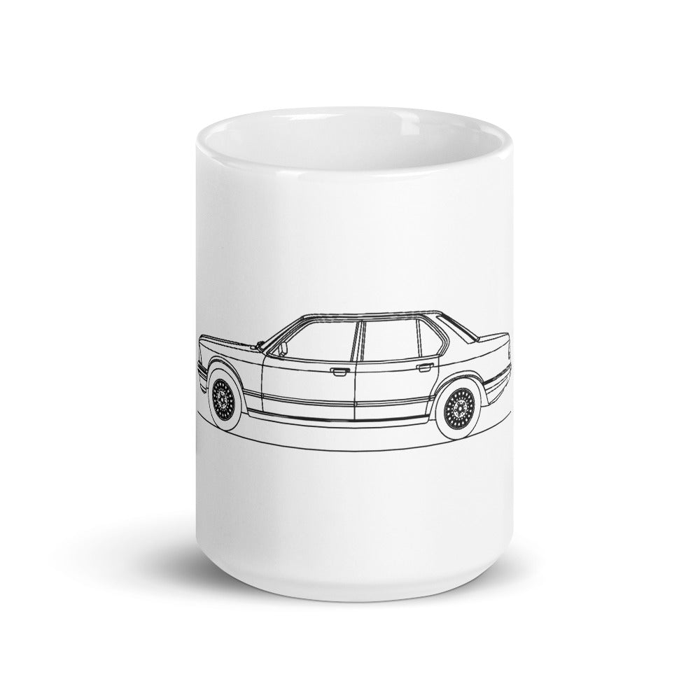BMW E23 745i mug displayed on a table