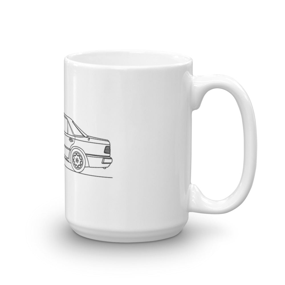 Mercedes-Benz W124 500E mug on display
