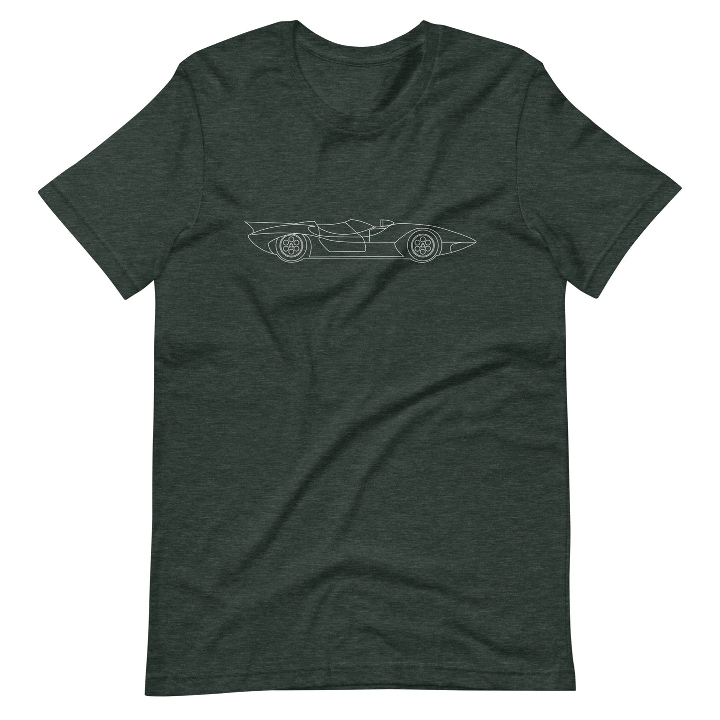 Heather forest speed racer t-shirt displayed.