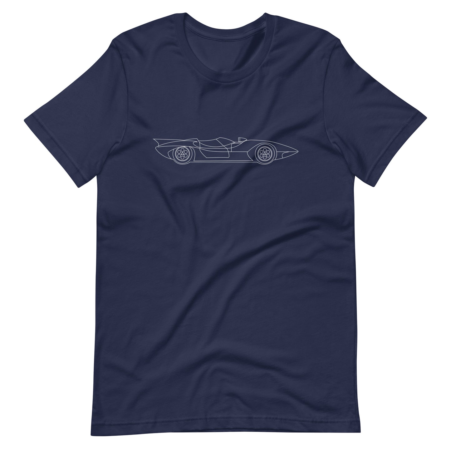 navy speed racer t-shirt displayed before a backdrop