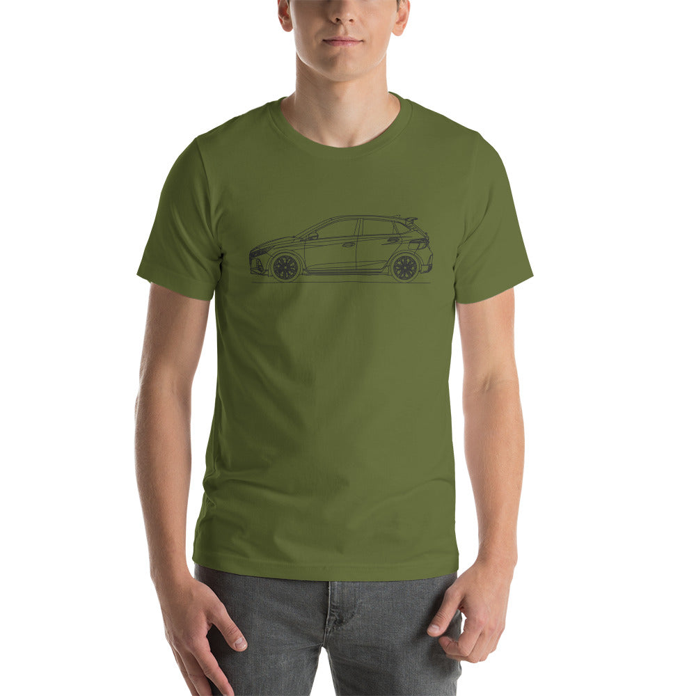 Olive Hyundai i20N t-shirt displayed on model