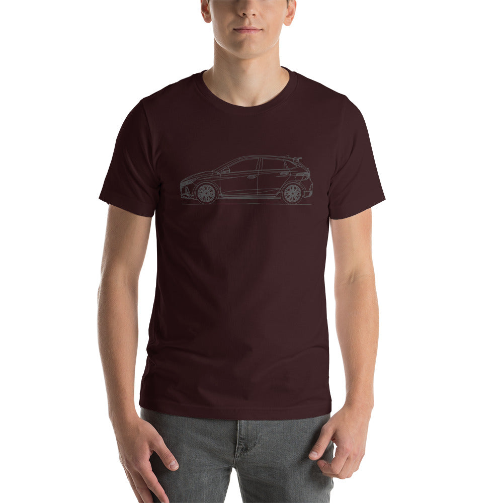 Unisex Hyundai i20N t-shirt in oxblood color