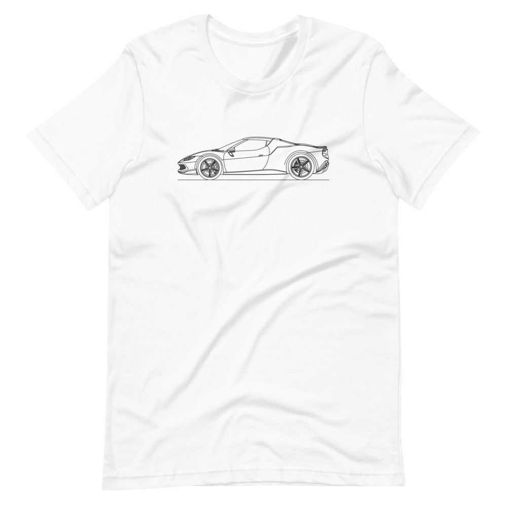 White Ferrari 296 GTB t-shirt displayed front.