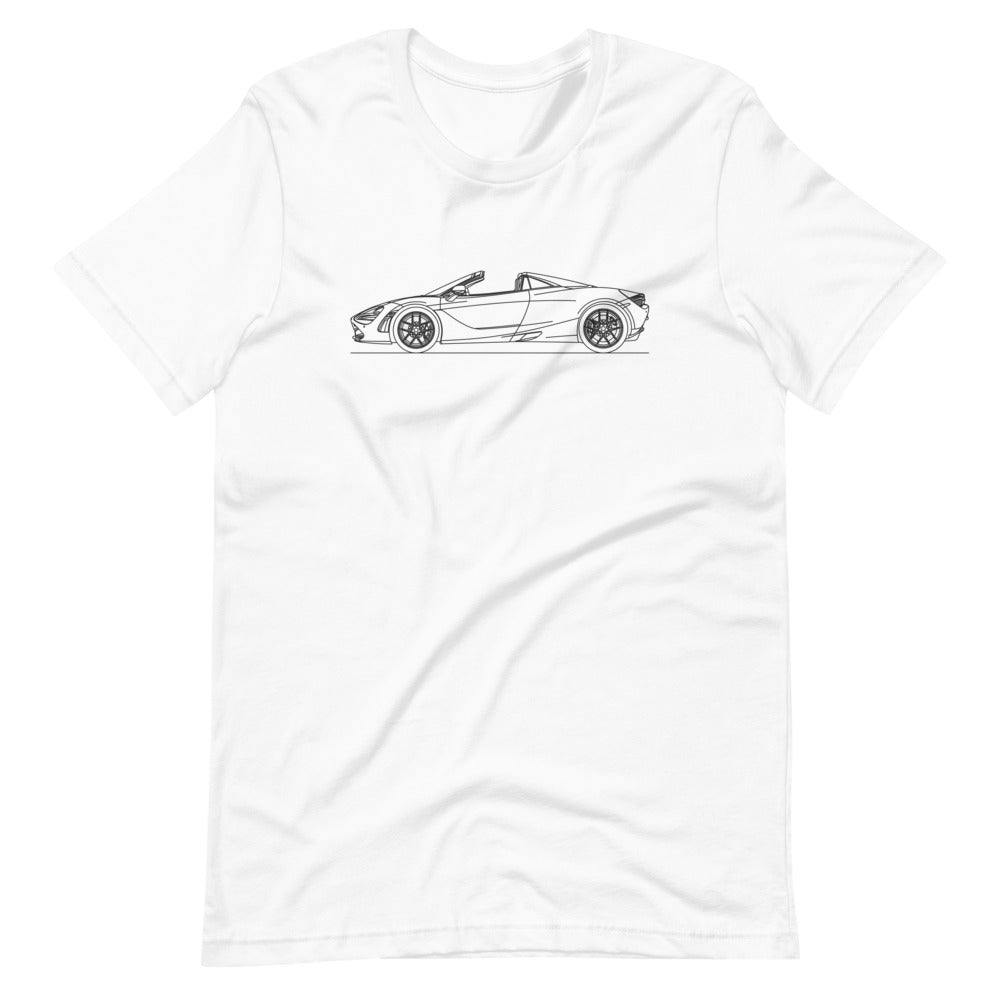 White McLaren 720S Spider t-shirt displayed vividly