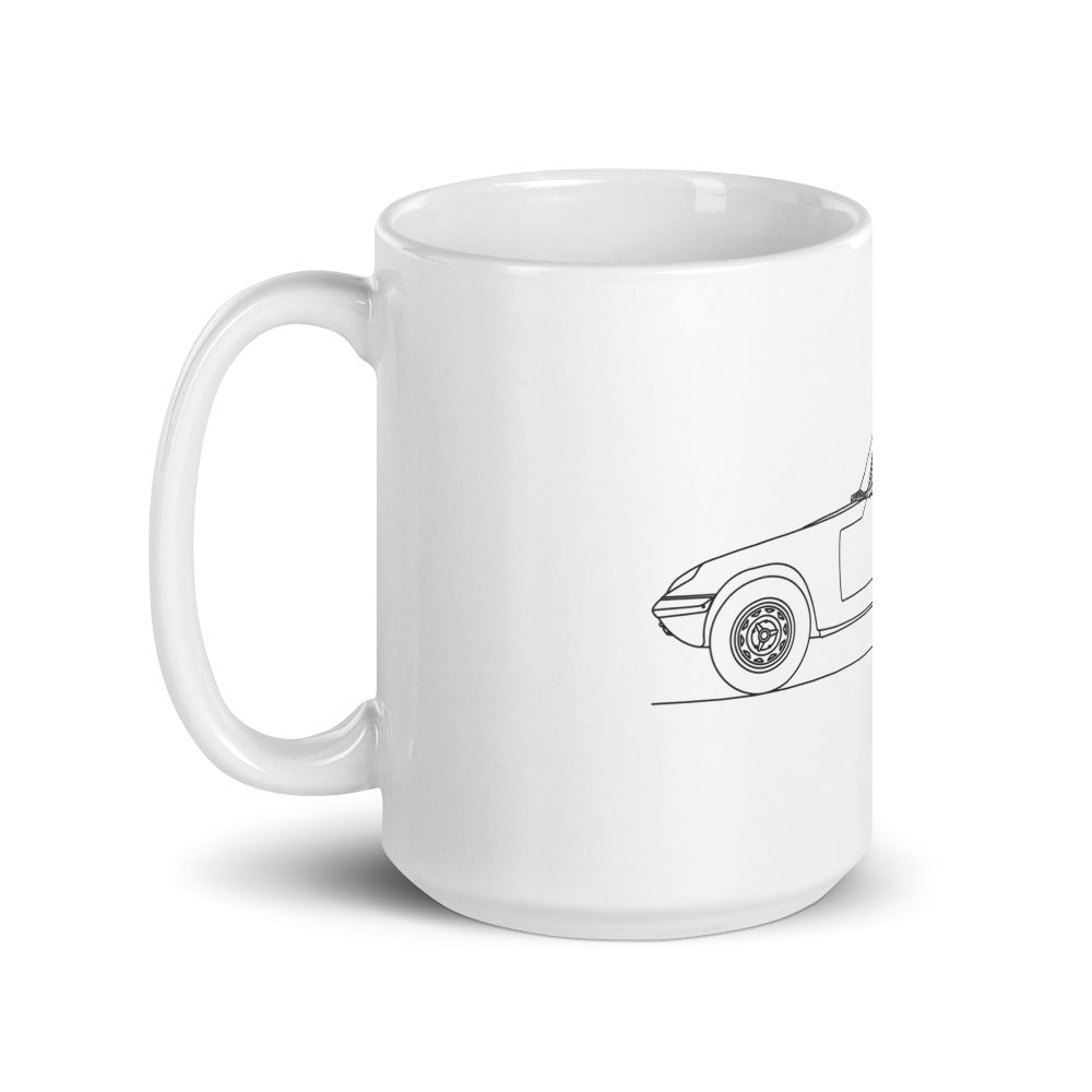 White glossy mug showcasing lotus elan design
