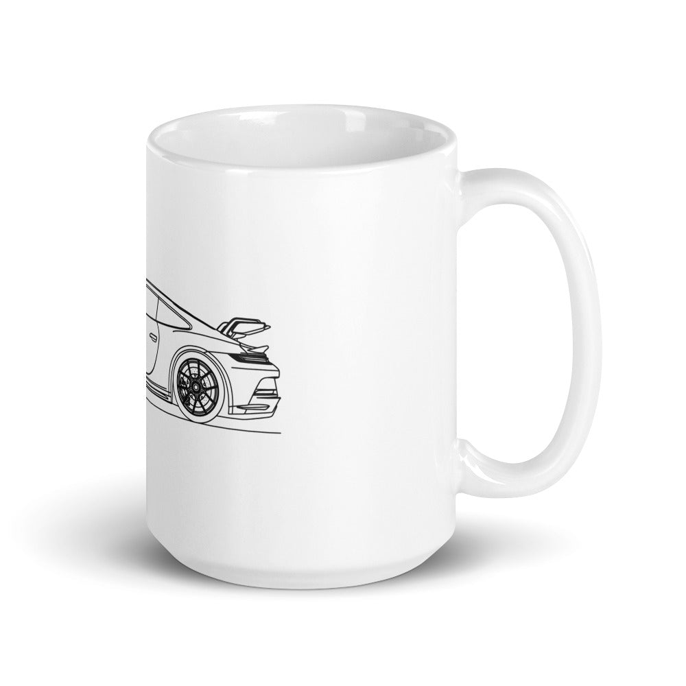 White glossy Porsche 911 GT3 mug on display